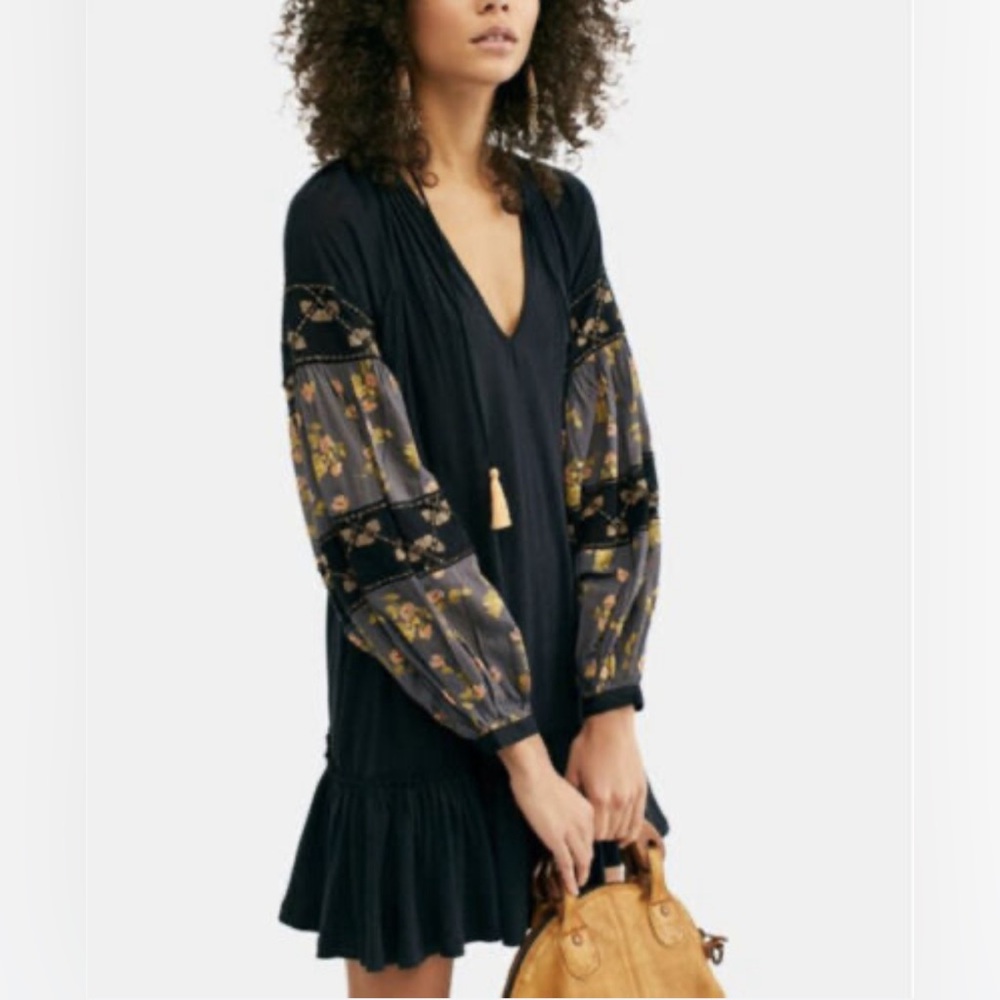 Free People Mix it Up Balloon Sleeve Floral Beaded Tunic Mini Dress Blouse Boho
